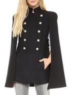 Choies Black Stand Collar Double Breasted Long Sleeve Cape Coat