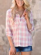Choies Pink Plaid Button Placket Shirt