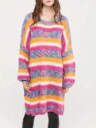 Choies Polychrome Stripe Oversized Longline Mohair Knit Sweater