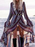 Choies Polychrome Geo-tribal Print Tie Wrap Bell Sleeve Maxi Dress