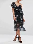 Choies Black V-neck Floral  Ruffle Trim Spaghetti Strap Midi Dress