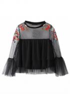 Choies Black Embroidery Sheer Mesh Layered Flared Sleeve Blouse