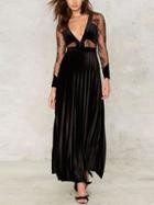 Choies Black V-neck Sheer Mesh Panel Backless Velvet Maxi Dress