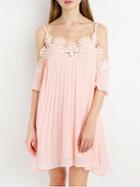 Choies Pink Scallop Lace Trim Cold Shoulder Cami Swing Dress