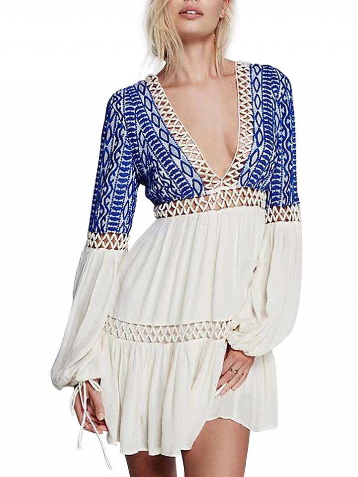 Choies White Contrast Plunge V-neck Lace Paneled Tie Back Mini Dress