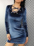 Choies Blue Velvet Plunge Lace Up Front Long Sleeve Mini Dress