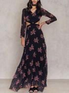 Choies Black V Neck Floral Print Cut Out Waist Long Sleeve Maxi Dress