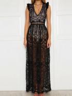 Choies Black Plunge Sheer Lace Frill Open Back Sleeveless Maxi Dress