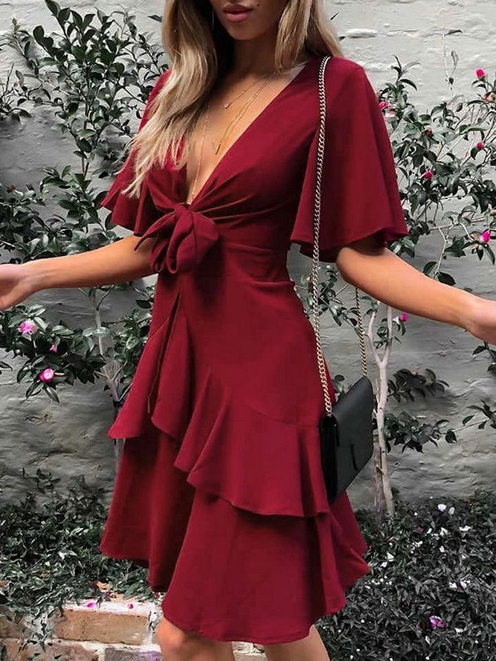 Choies Burgundy Plunge Tie Front Ruffle Trim Chic Women Mini Dress