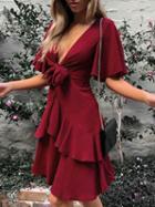 Choies Burgundy Plunge Tie Front Ruffle Trim Chic Women Mini Dress