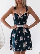 Choies Blue V-neck Floral Print Open Back Chic Women Cami Mini Dress