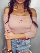 Choies Pink Off Shoulder Ripped Long Sleeve Crop Top