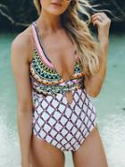 Choies Multicolor Plunge Geo Pattern Print Open Back Chic Women Swimsuit