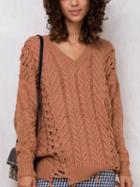Choies Camel  V-neck Lace Up Side Cable Knit Sweater