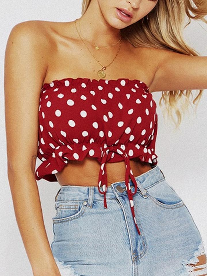 Choies Red Off Shoulder Drawstring Polka Dot Crop Top