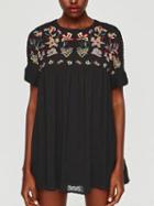 Choies Black Embroidery Floral Open Back Mini Dress