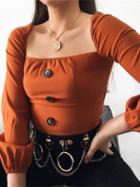Choies Brown Square Neck Button Placket Front Long Sleeve Crop Top