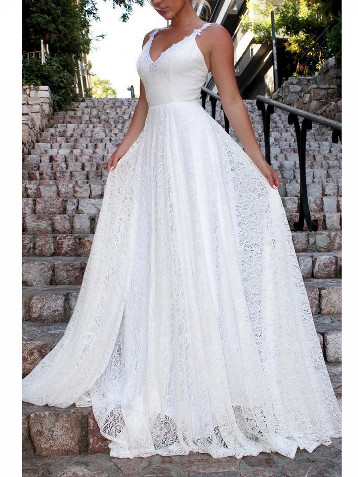 Choies White V-neck Open Back Women Lace Cami Maxi Dress