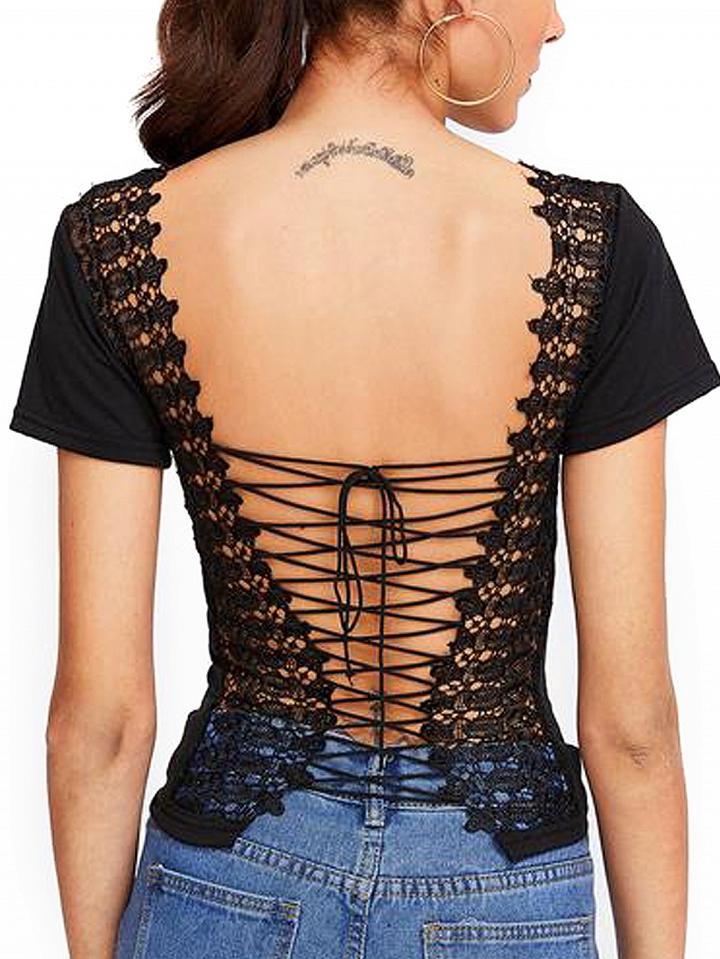 Choies Black Lace Paneled Lace-up Back Short Sleeve T-shirt
