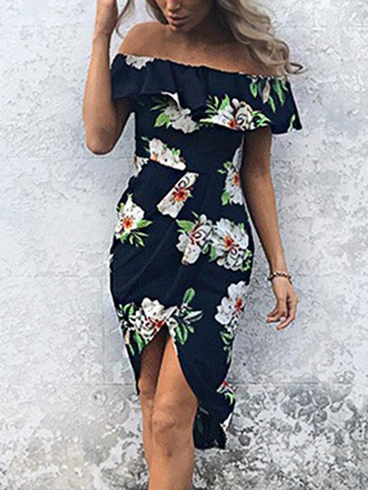 Choies Navy Blue Off Shoulder Ruffle Trim Split Side Midi Dress