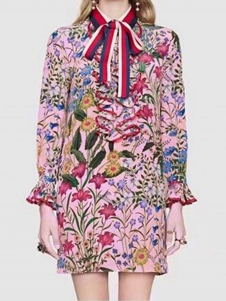 Choies Polychrome Chiffon Floral Print Long Sleeve Chic Women Mini Dress