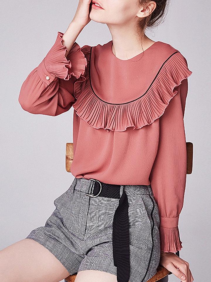 Choies Pink Frill Trim Long Sleeve Chiffon Blouse