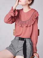 Choies Pink Frill Trim Long Sleeve Chiffon Blouse