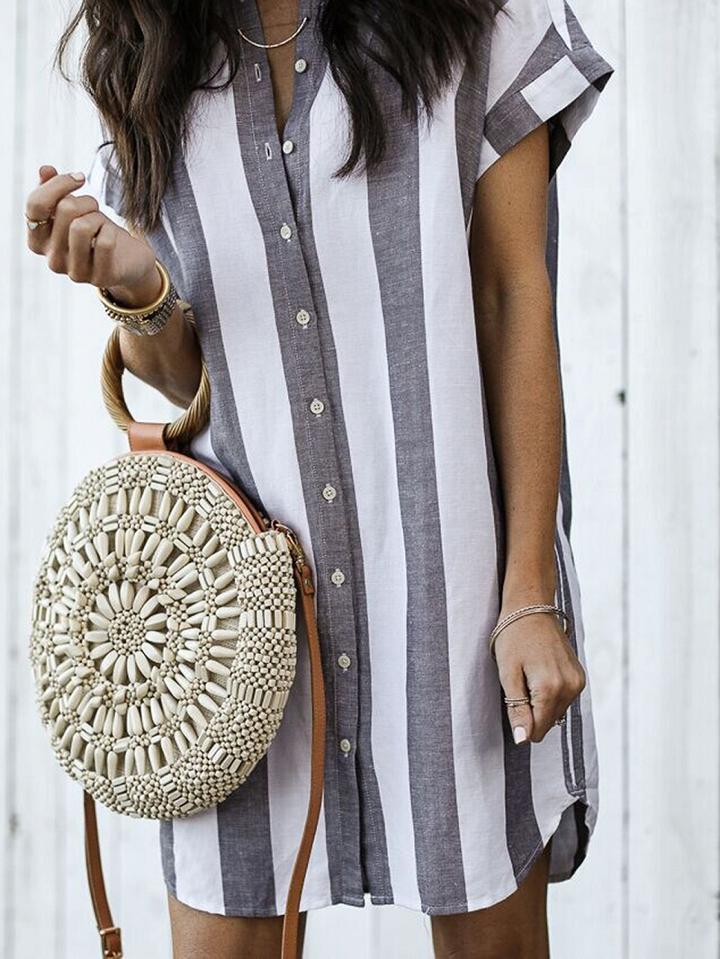 Choies Dark Gray Stripe Cotton Button Placket Front Chic Women Shirt