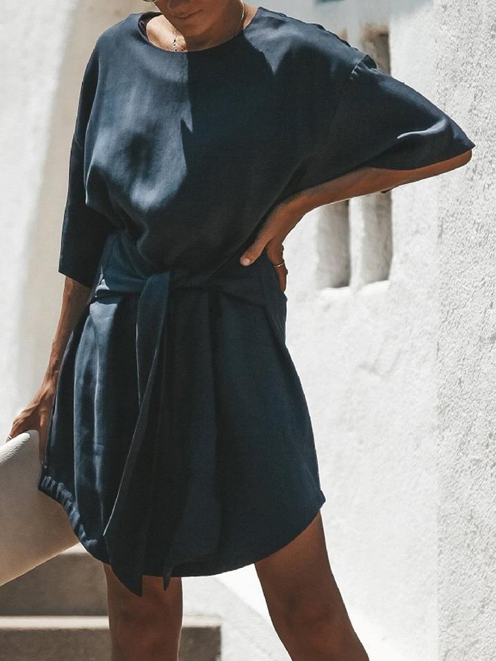 Choies Black Cotton Blend Tie Waist Chic Women Mini Dress