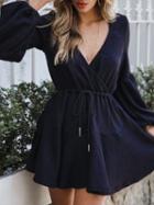 Choies Dark Blue V-neck Drawstring Waist Puff Sleeve Women Mini Dress