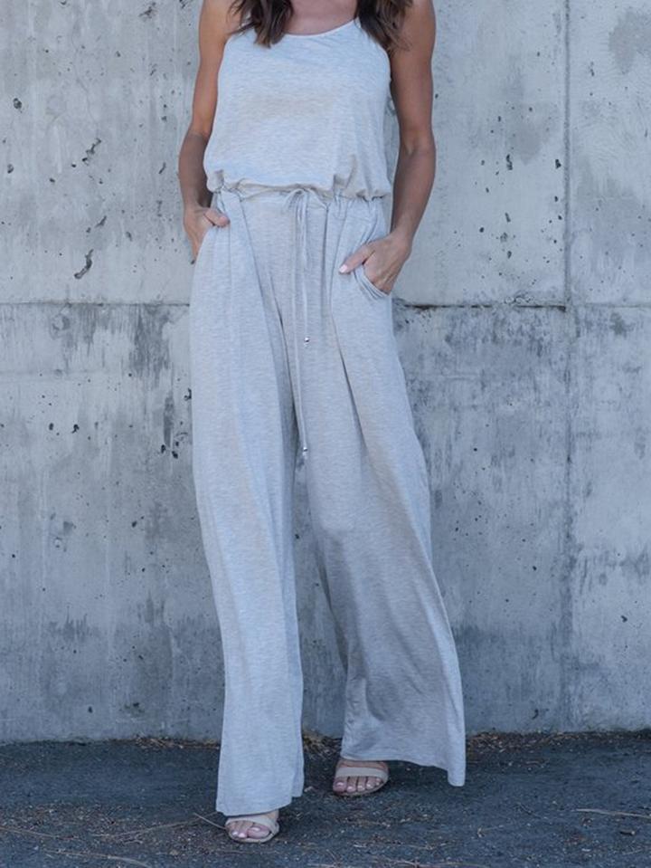 Choies Gray Spaghetti Strap Drawstring Waist Chic Women Jumpsuit