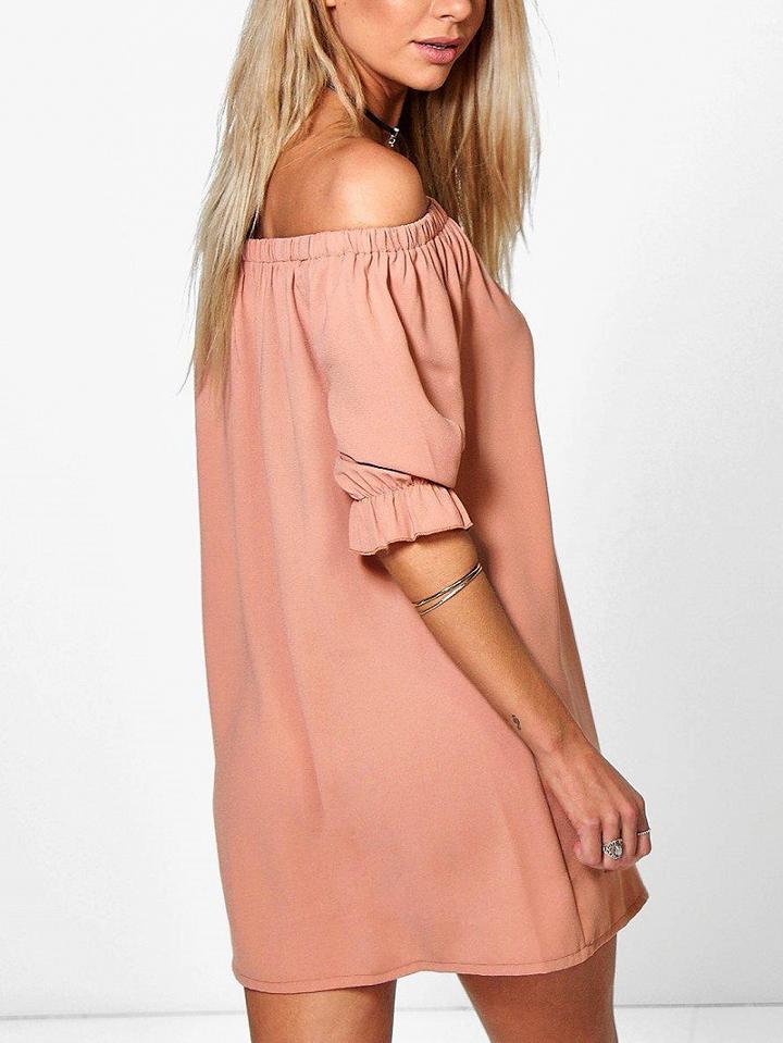 Choies Pink Off Shoulder Button Placket Mini Dress