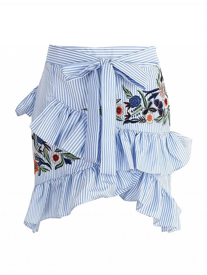 Choies Blue Striped Embroidery Asymmetric Ruffle Tie Waist Mini Skirt