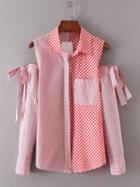 Choies Red Stripe And Gingham Mixed Cold Shoulder Tied Sleeve Shirt