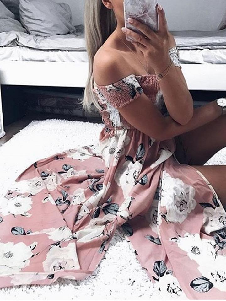 Choies Pink Off Shoulder Stretch Floral Print Thigh Split Dress