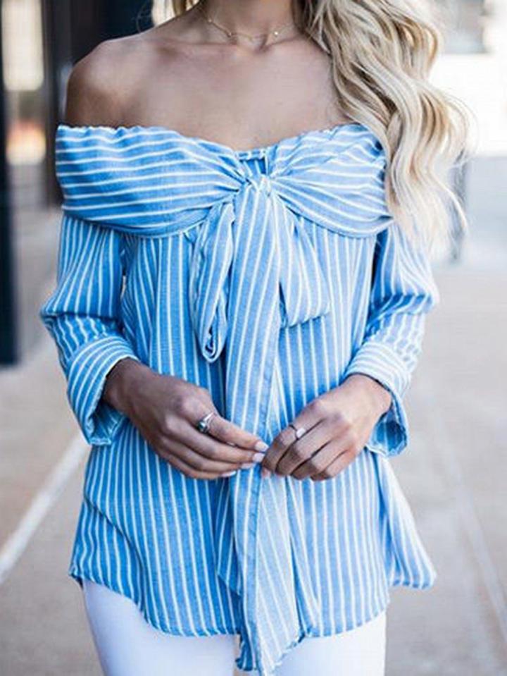 Choies Blue Stripe Off Shoulder Bow Front Long Sleeve Blouse