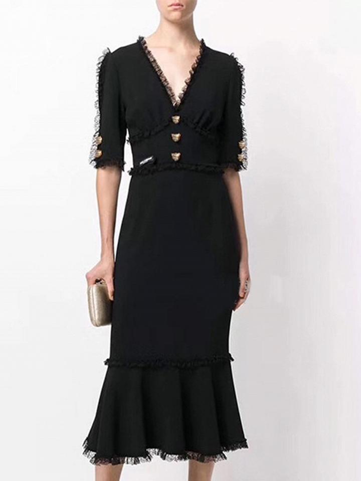 Choies Black Cotton V-neck Lace Trim Panel Fishtail Hem Chic Women Midi Dress