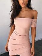 Choies Pink Off Shoulder Ruched Detail Bodycon Mini Dress