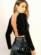 Choies Black Velvet Chain Detail Open Back Long Sleeve T-shirt