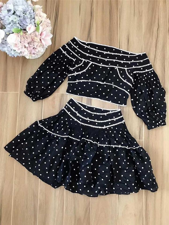 Choies Black Chiffon Off Shoulder Polka Dot Chic Women Crop Top And Skirt