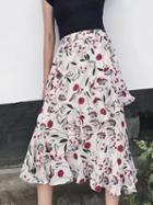 Choies White Floral Print Asymmetric Ruffle Midi Skirt