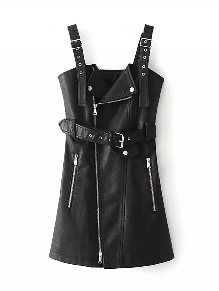 Choies Black Asymmetric Zip Front Belted Waist Leather Look Tank Dress