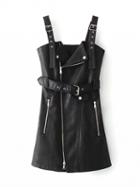 Choies Black Asymmetric Zip Front Belted Waist Leather Look Tank Dress
