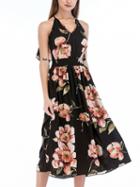 Choies Black V-neck Floral Print Open Back Midi Dress