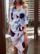 Choies Color Block Tie Waist Split Side Geometric Print Midi Dress