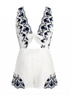 Choies White Plunge Tie Front Embroidery Romper Playsuit