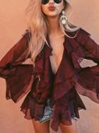 Choies Burgundy V-neck Tie Front Ruffle Trim Flare Sleeve Blouse