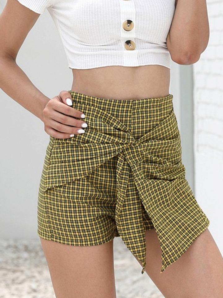 Choies Yellow Plaid Cotton Blend High Waist Knot Front Chic Women Shorts