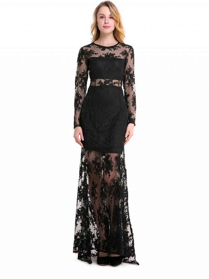 Choies Black Embroidery Long Sleeve Sheer Mesh Maxi Lace Dress