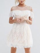 Choies White Sheer Panel Cold Shoulder Ruffle Trim Lace Mini Dress
